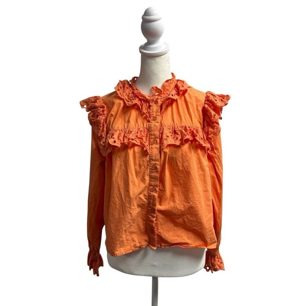 The Shirt by Rochelle Behrens Ruffle Button Down Blouse Top Orange Small